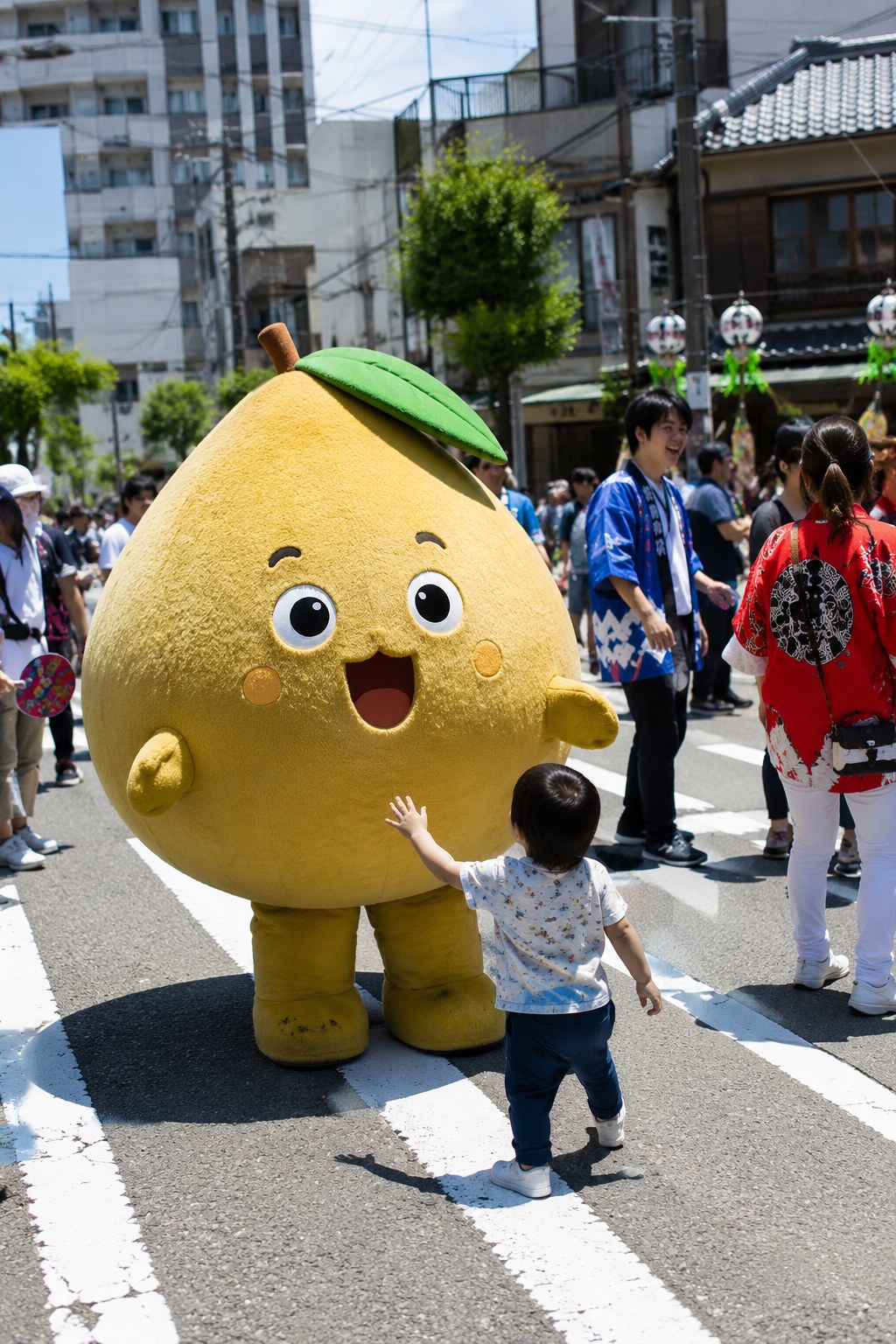 A fruit mascot greeting a small child at a street festival